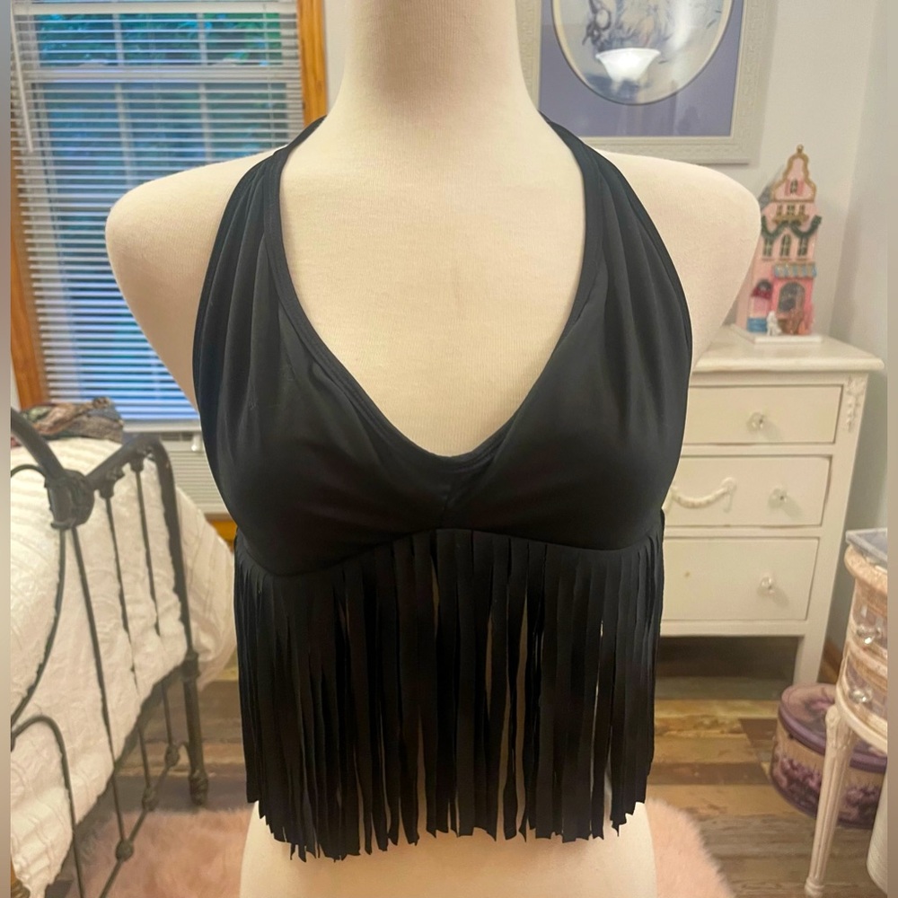Black Fringe Bikini Top Sexy, versatile piece can also be worn as a halter top L